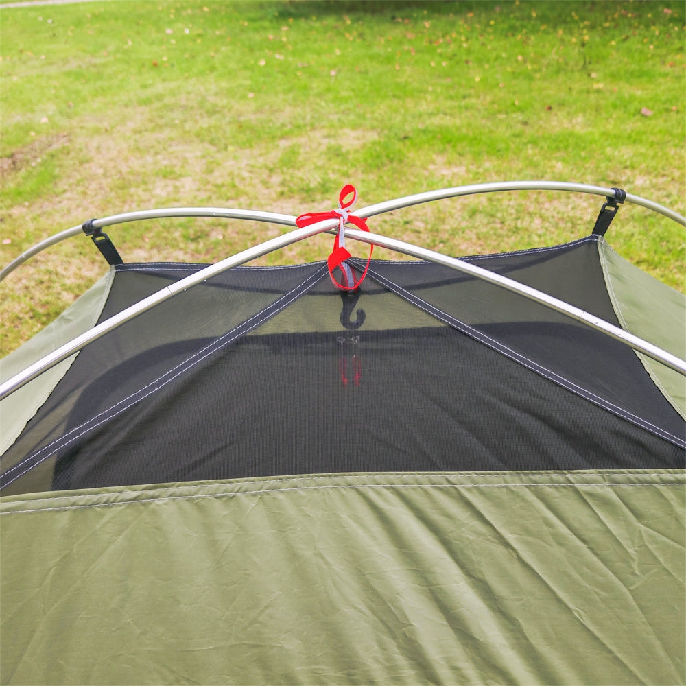 Detailed view of the ultralight dome tent's ventilation system, essential for comfortable 2-person camping.