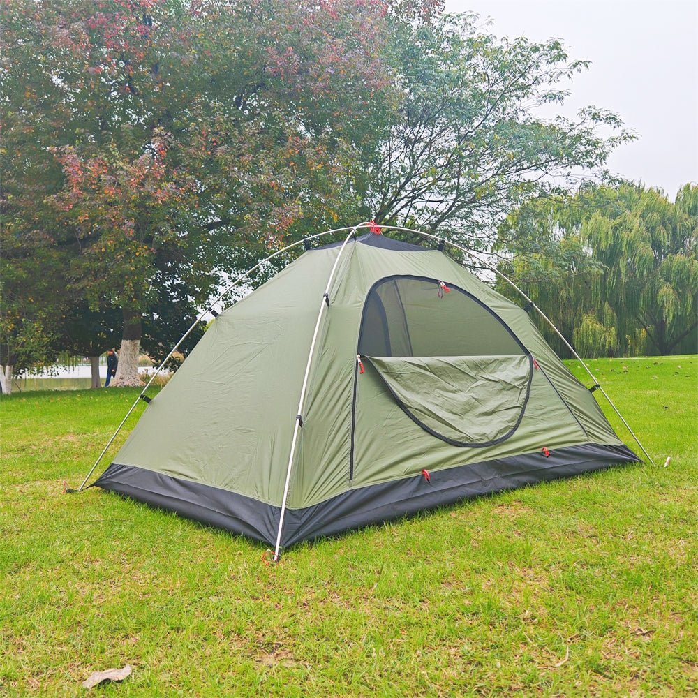Front view of the army green ultralight dome tent, clearly showing the entrance and spacious design for two.