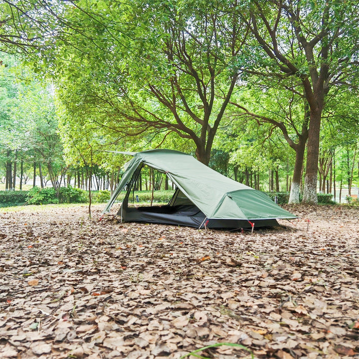 Ultralight 2-person tunnel tent packed in carrying bag, waterproof for hiking