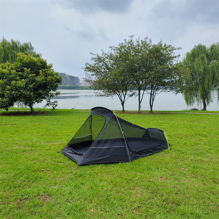 Front view of ultralight 2-person tunnel camping tent, waterproof & spacious