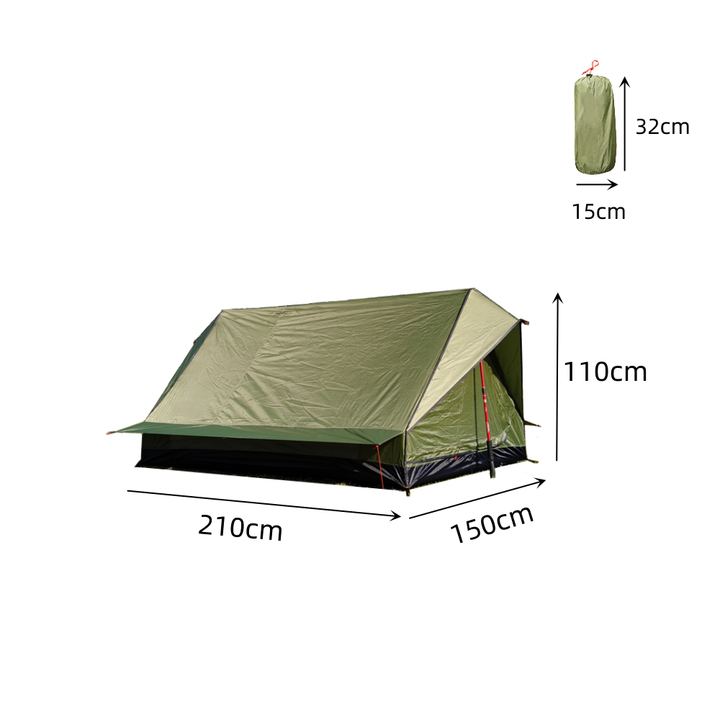 Duo A-frame tent with two sleeping bags inside, ready for the night.