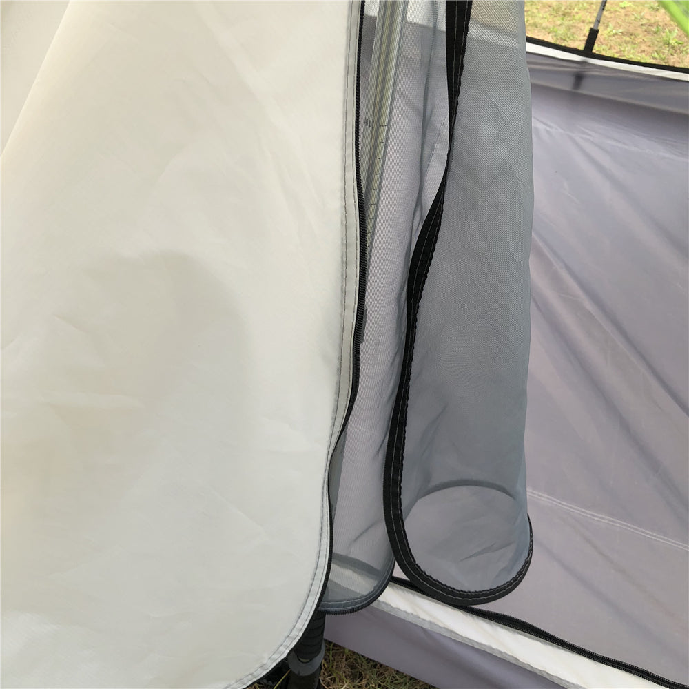 Detail shot of the A-frame tent's durable ripstop nylon fabric and seams.
