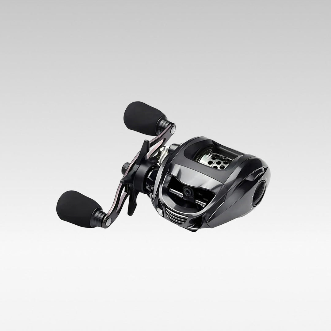 Ultralight baitcasting fishing reel with long distance casting capabilities on a carbon fiber rod.