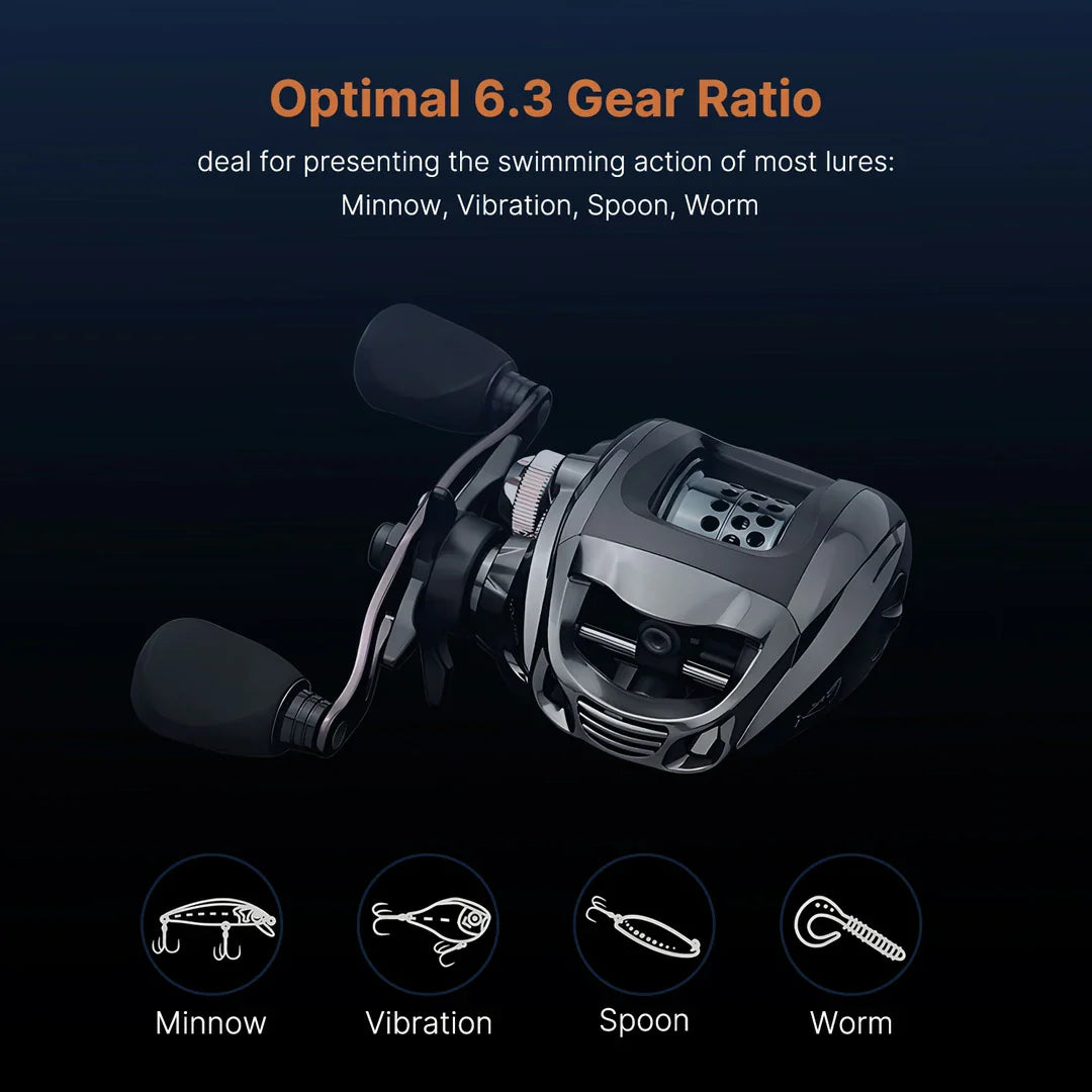 View of an ultralight baitcasting fishing reel, showcasing its robust build for long casts.