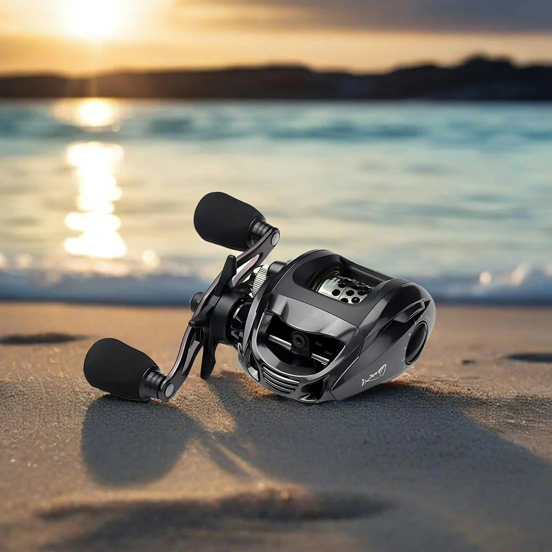 Detailed shot of an ultralight baitcasting fishing reel's components, built for long casts.