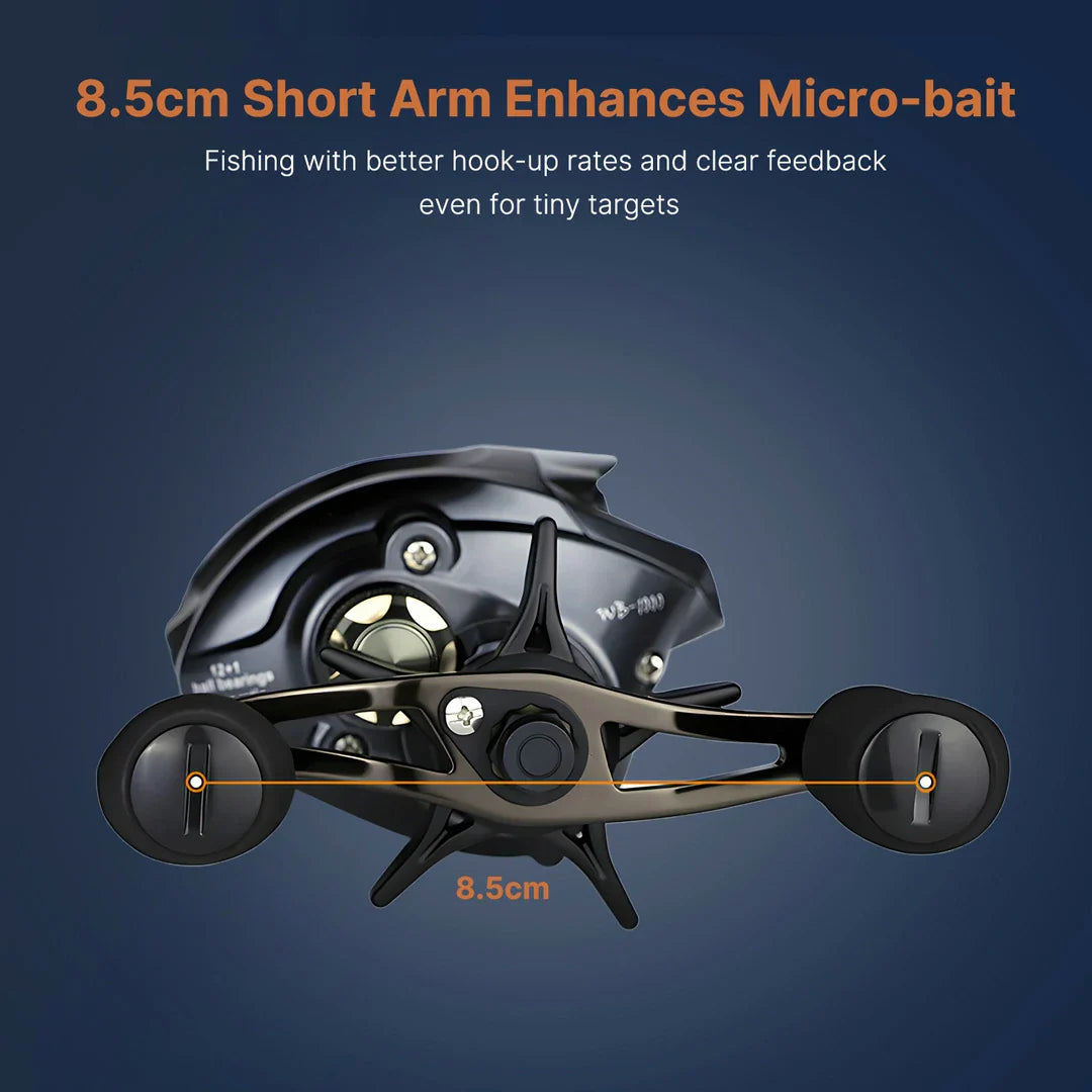 Ergonomic ultralight baitcasting reel, ensuring comfortable and efficient long distance fishing.