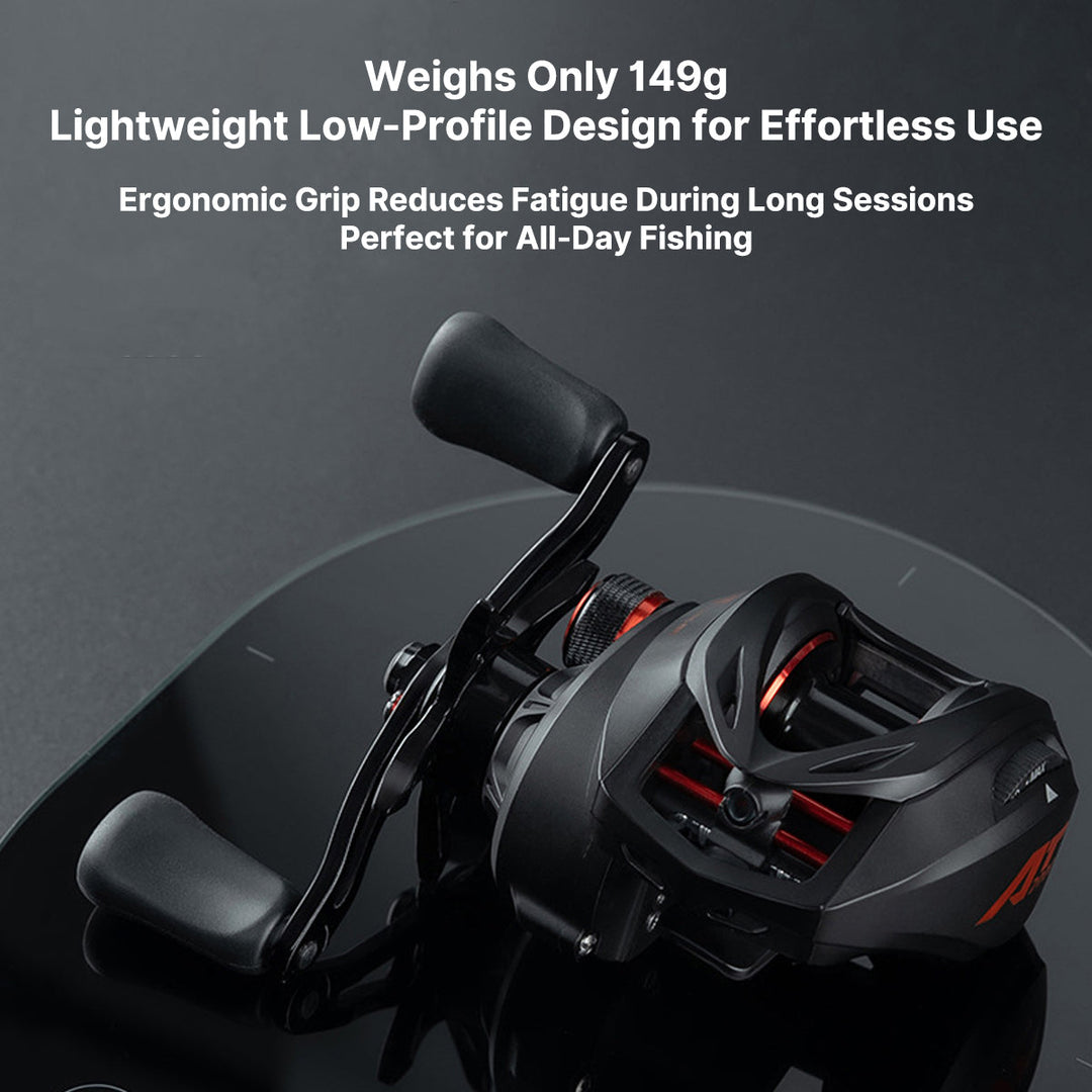 Close-up of a high-performance ultralight baitcasting reel, anodized aluminum spool, precise magnetic brake system for anglers
