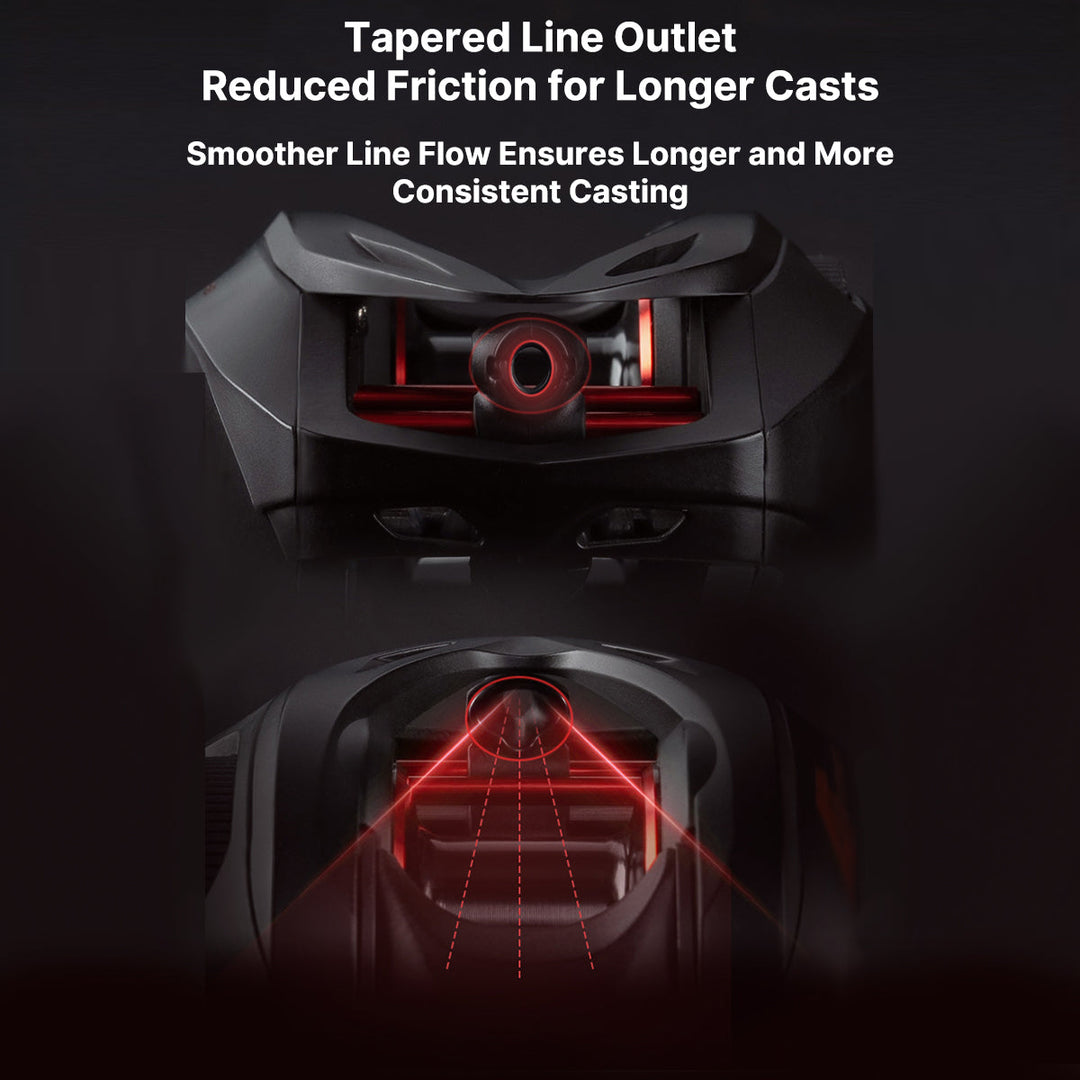 Detail view of an ultralight baitcasting reel's star drag system and line guide, essential fishing gear for precision casting