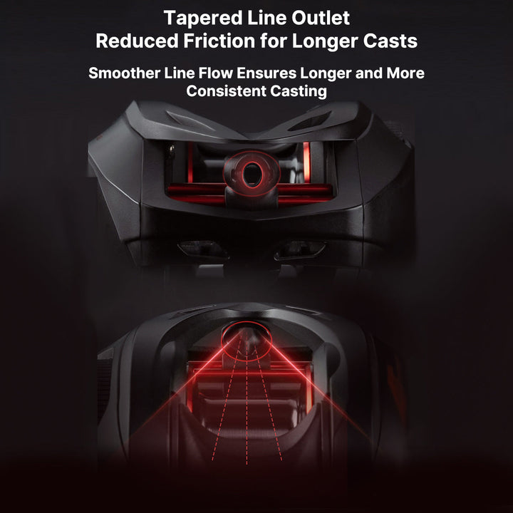 Detail view of an ultralight baitcasting reel's star drag system and line guide, essential fishing gear for precision casting