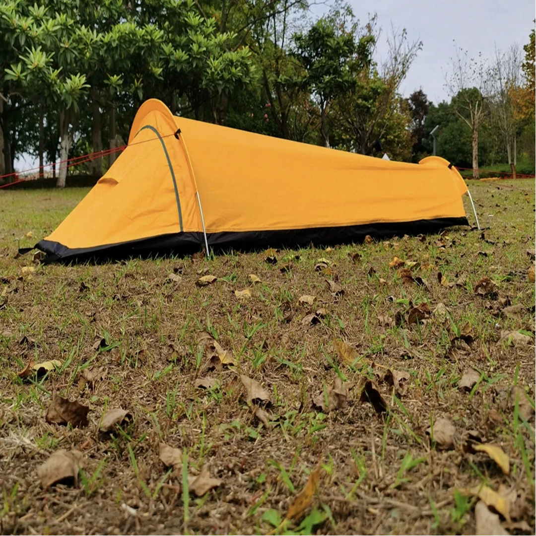 Bivy tent with a mosquito net open, designed for breathability and bug protection.