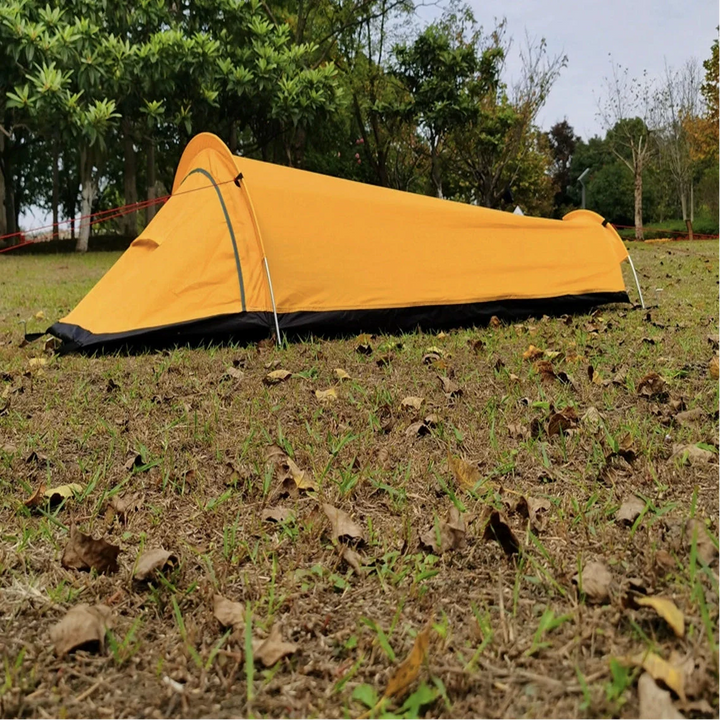 Bivy tent with a mosquito net open, designed for breathability and bug protection.