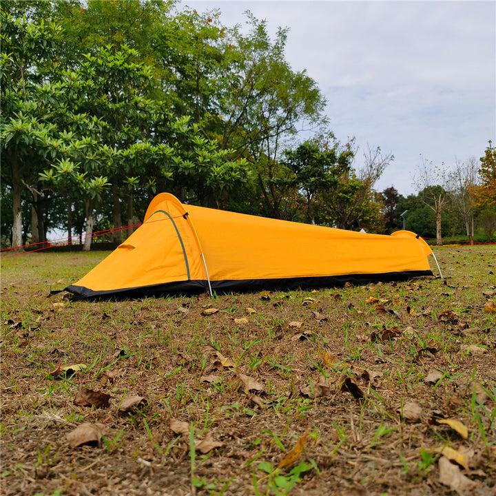 Overview of an ultralight bivy tent with its simple pole structure.