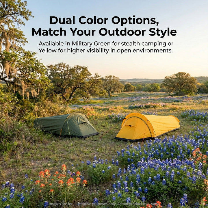 Ultralight backpacking bivy tent setup in a forest clearing, green color.
