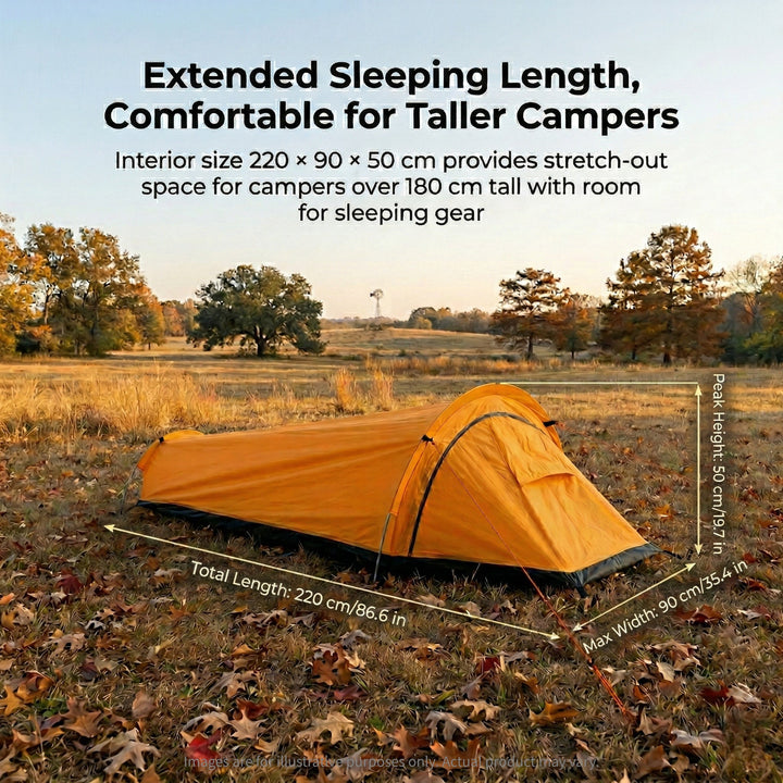Compact bivy tent packed in its stuff sack, showing its small size for backpacking.