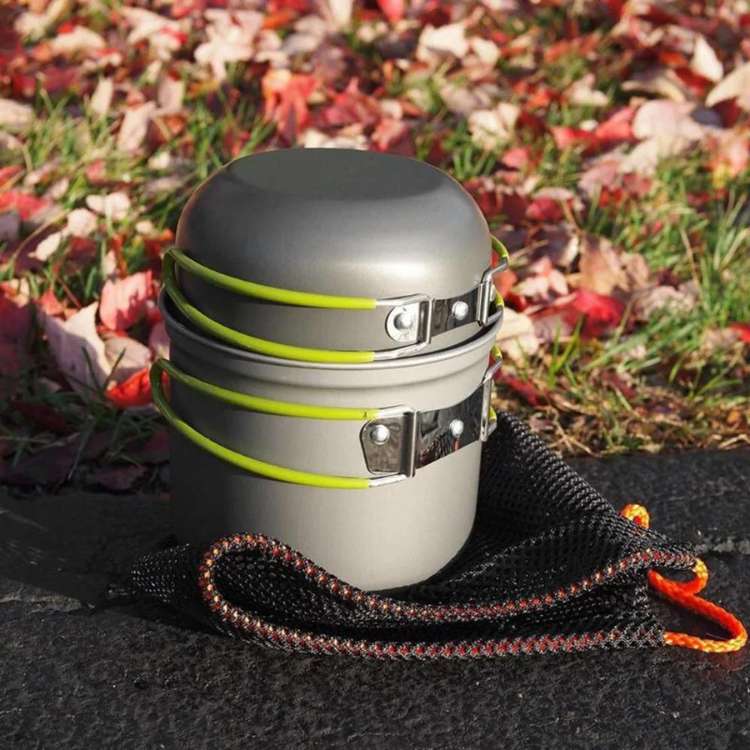 Portable 1-2 person camping cooking set, made of durable ultralight aluminum for hiking and picnics.