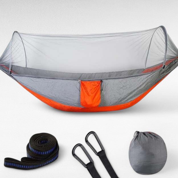 Adventure-ready camping hammock with a built-in bug net, enhancing comfort and safety for outdoor enthusiasts