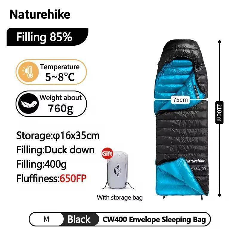 Water-resistant ultralight duck down sleeping bag, perfect for wet winter camping conditions