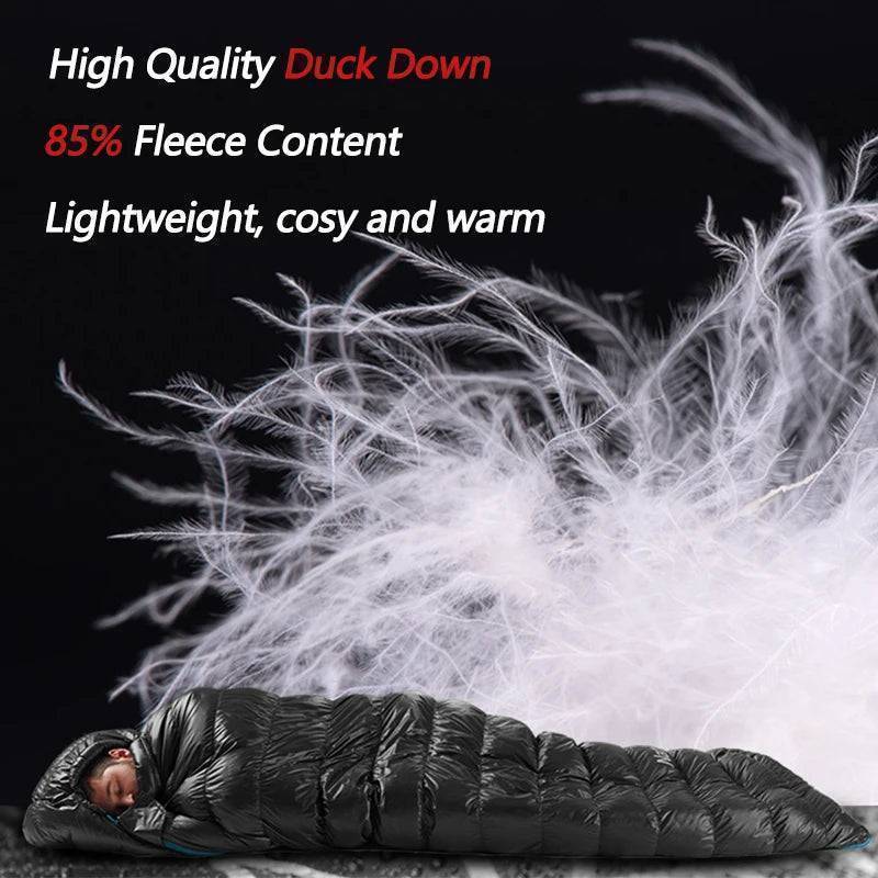 Portable ultralight duck down winter camping sleeping bag, ideal for hiking and outdoor survival