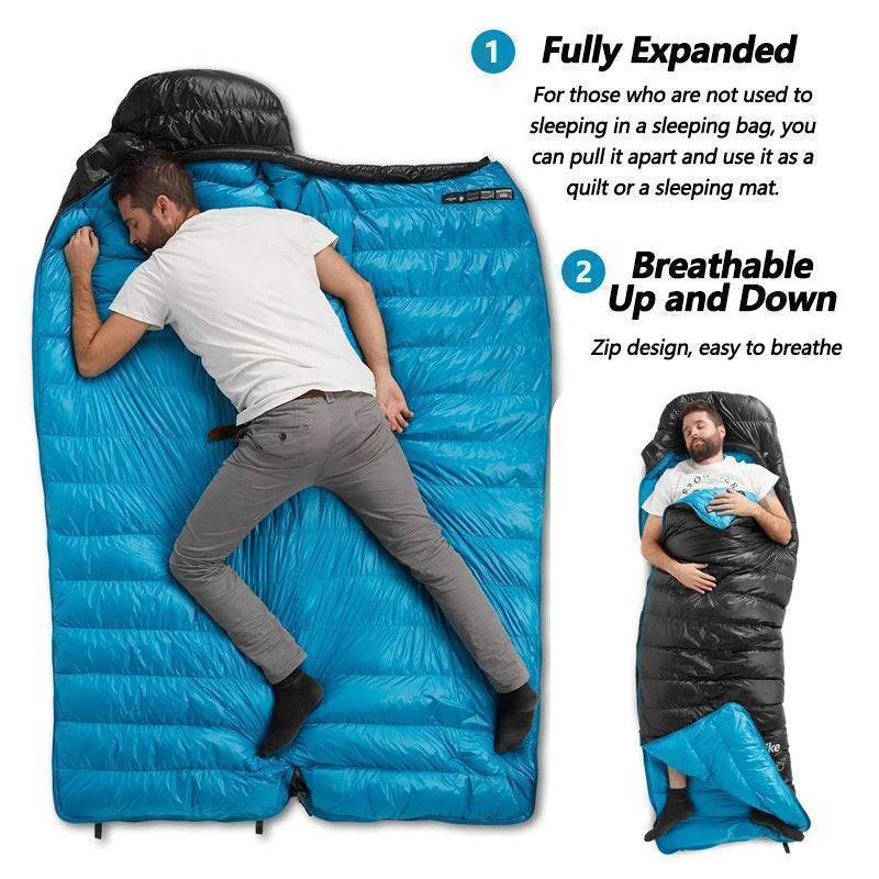 Warm duck down sleeping bag for winter camping, ultralight and compact hiking equipment