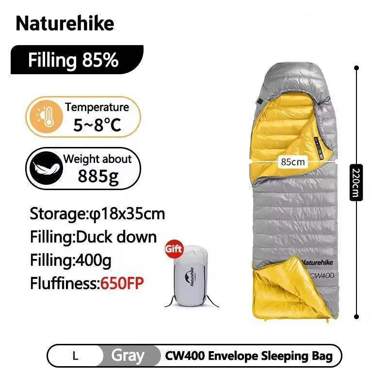 Detail of ultralight duck down filling in sleeping bag, showcasing insulation for cold weather
