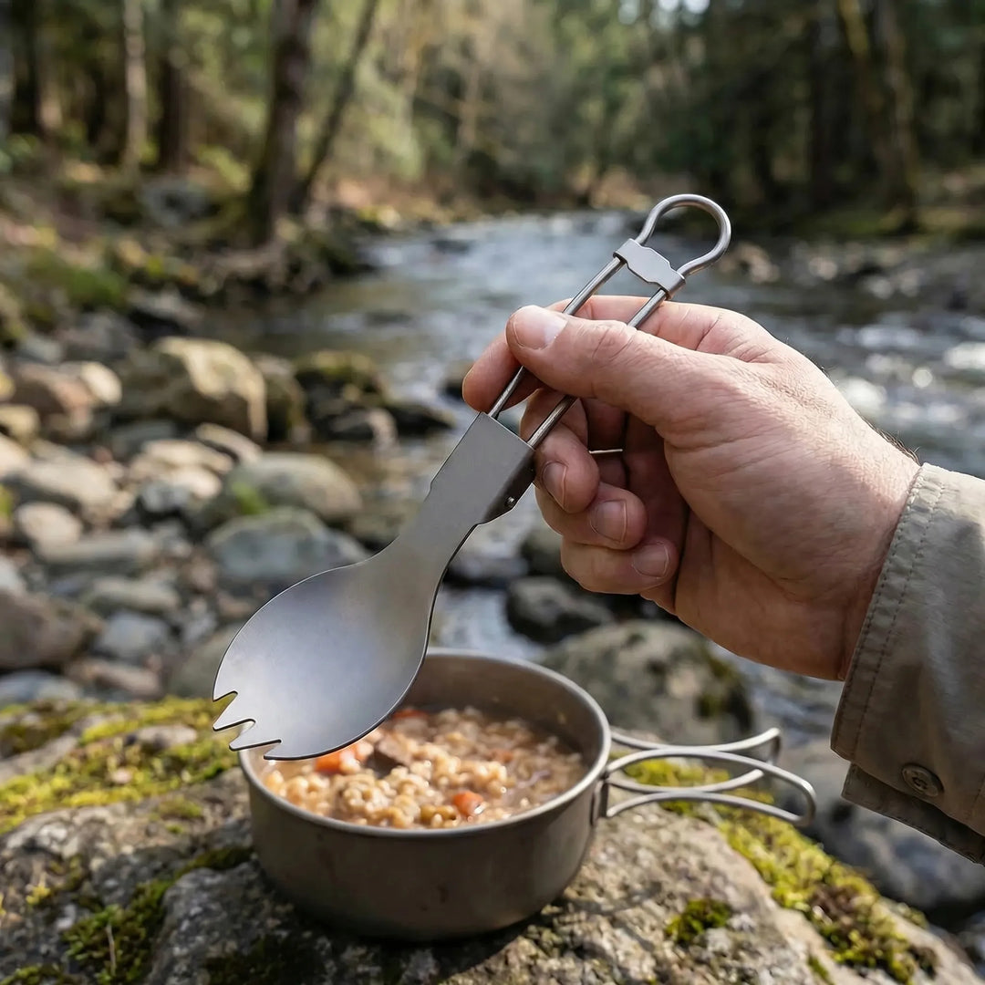 Ultralight foldable titanium spork for camping & hiking. Durable outdoor utensil for travel meals.
