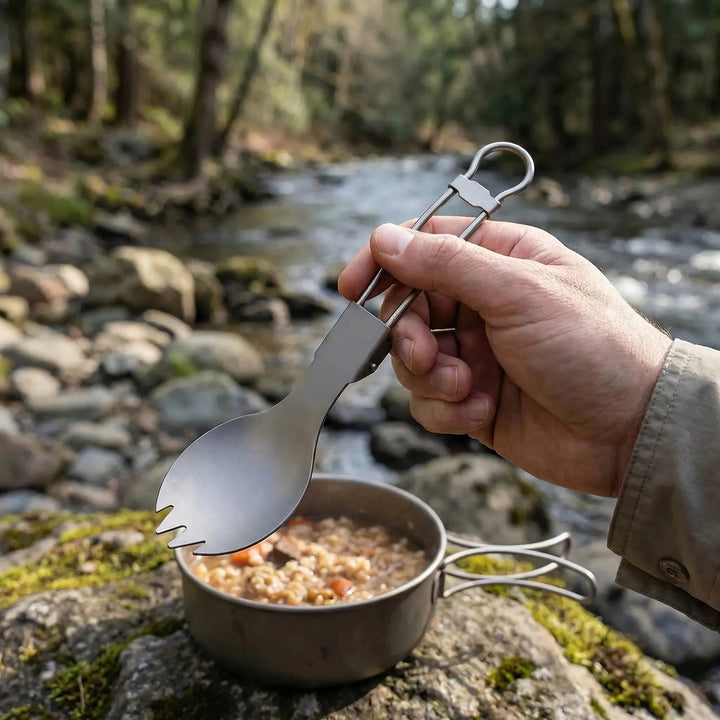 Ultralight foldable titanium spork for camping & hiking. Durable outdoor utensil for travel meals.
