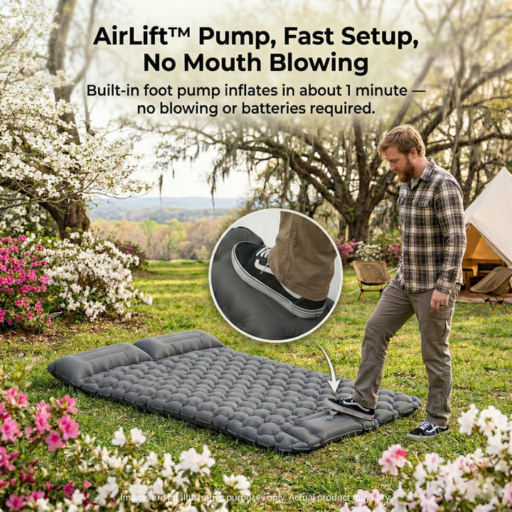 Foot pump inflating an ultralight camping mattress in a tent, demonstrating easy setup.