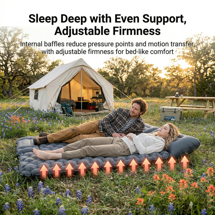 Inflatable camping mattress, fully inflated, providing comfortable outdoor sleeping.