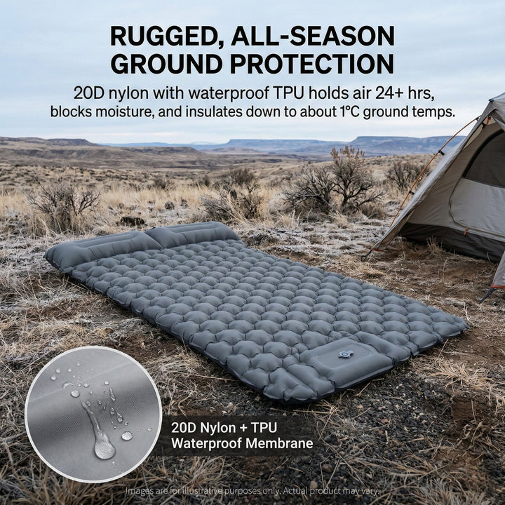 Close-up of the integrated foot pump on an ultralight inflatable camping mattress.