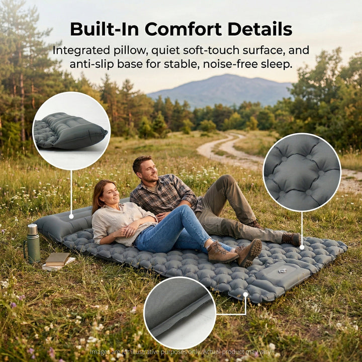 Assembled ultralight camping mattress next to a sleeping bag in a camp setting.