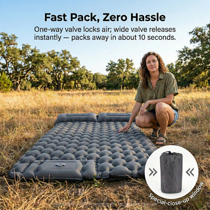Portable camping mattress being rolled up and secured for easy transport.