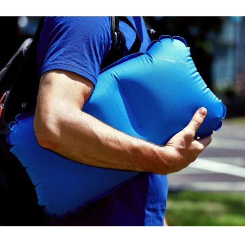 Comfortable ultralight inflatable camping pillow, open valve visible for inflation
