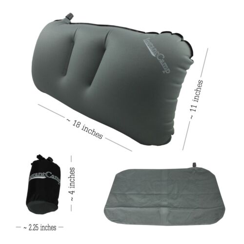 Compact inflatable camping pillow, orange, shown in use on a sleeping bag