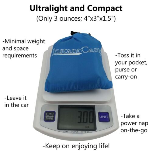 Compact backpacking pillow, inflatable, stored in a small black stuff sack for easy carry