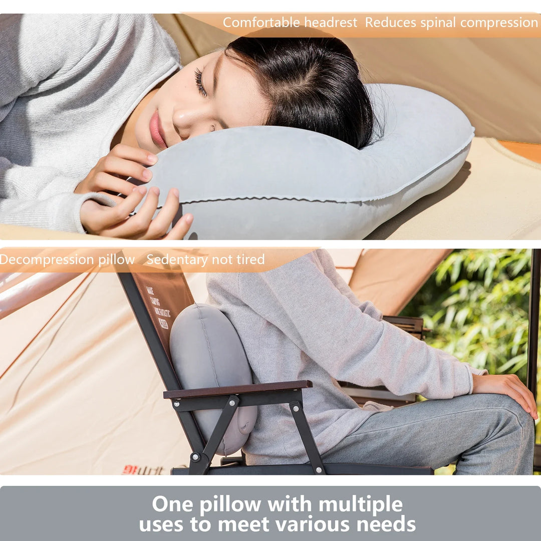 Ergonomic inflatable camping pillow, ultralight and packable, with built-in pump for easy use on trails.