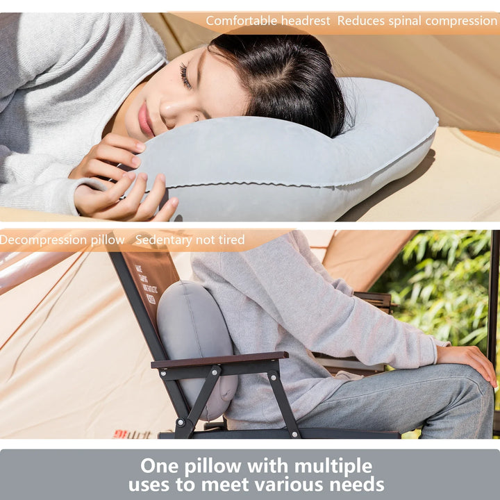 Ergonomic inflatable camping pillow, ultralight and packable, with built-in pump for easy use on trails.