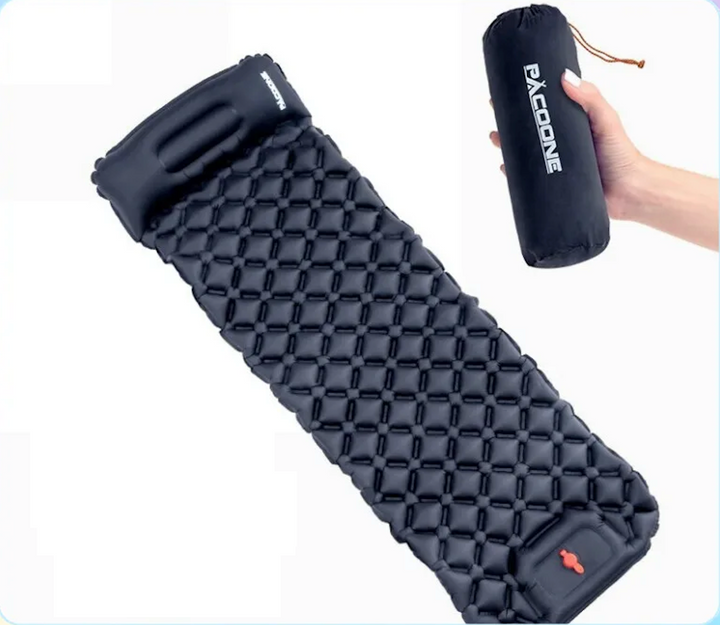 Ultralight inflatable camping sleeping pad with built-in foot pump for comfortable backpacking adventures