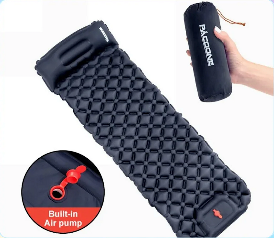 Portable camping pad, an ultralight inflatable mattress with integrated pump, perfect for hiking gear