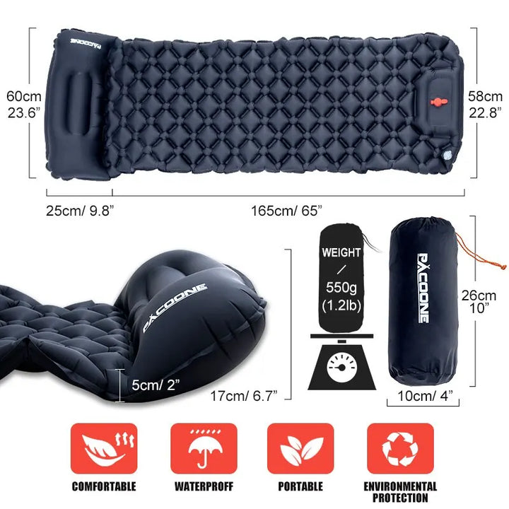Waterproof outdoor sleeping pad with built-in pump, ensures comfort for camping and backpacking