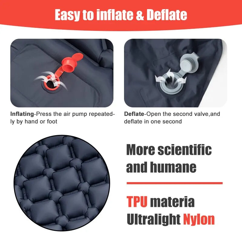 Compact inflatable sleeping pad, ultralight design with foot pump, ideal for hiking and camping comfort