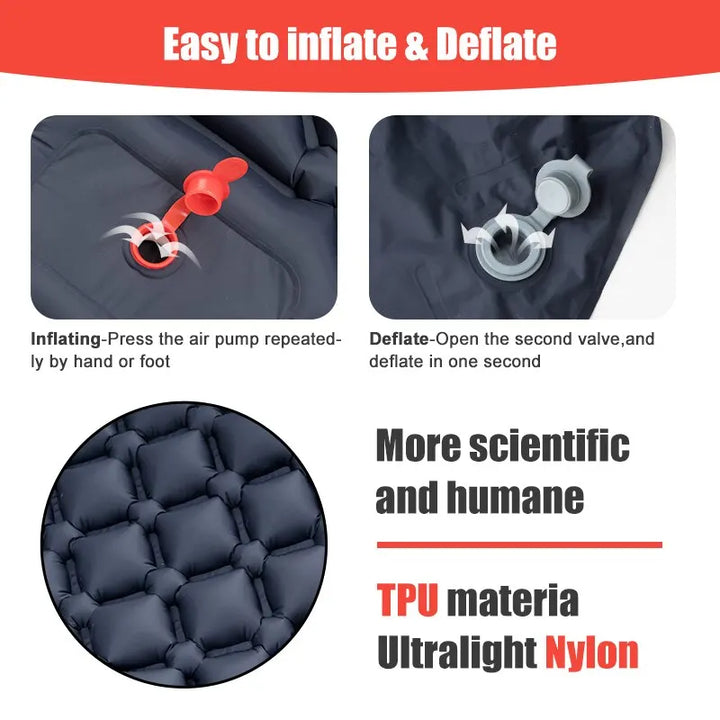 Compact inflatable sleeping pad, ultralight design with foot pump, ideal for hiking and camping comfort