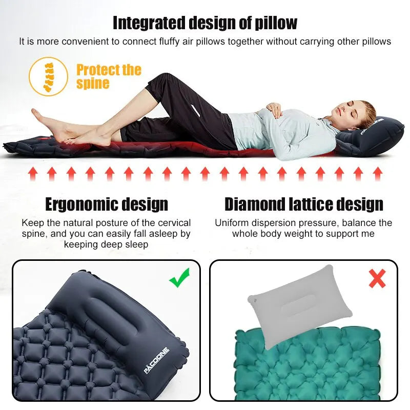 Durable camping mattress with built-in inflation pump; ultralight and portable for outdoor sleeping
