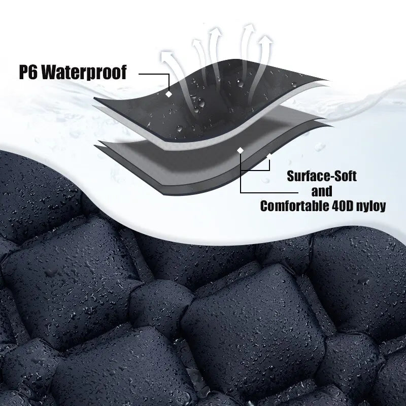 Inflatable sleeping pad, ultralight and waterproof, features a convenient built-in foot pump for easy setup