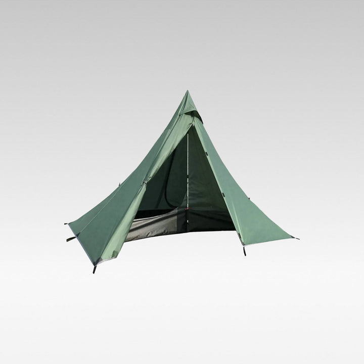 Ultralight pyramid tent for 1-2 people, set up in a forest, ideal for backpacking.