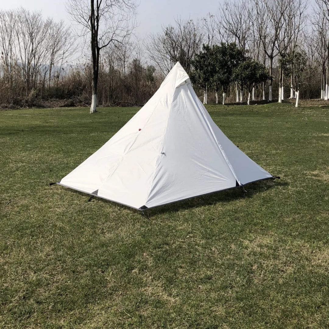 Backpacking pyramid tent, with trekking pole setup, emphasizing ease of use and light weight.