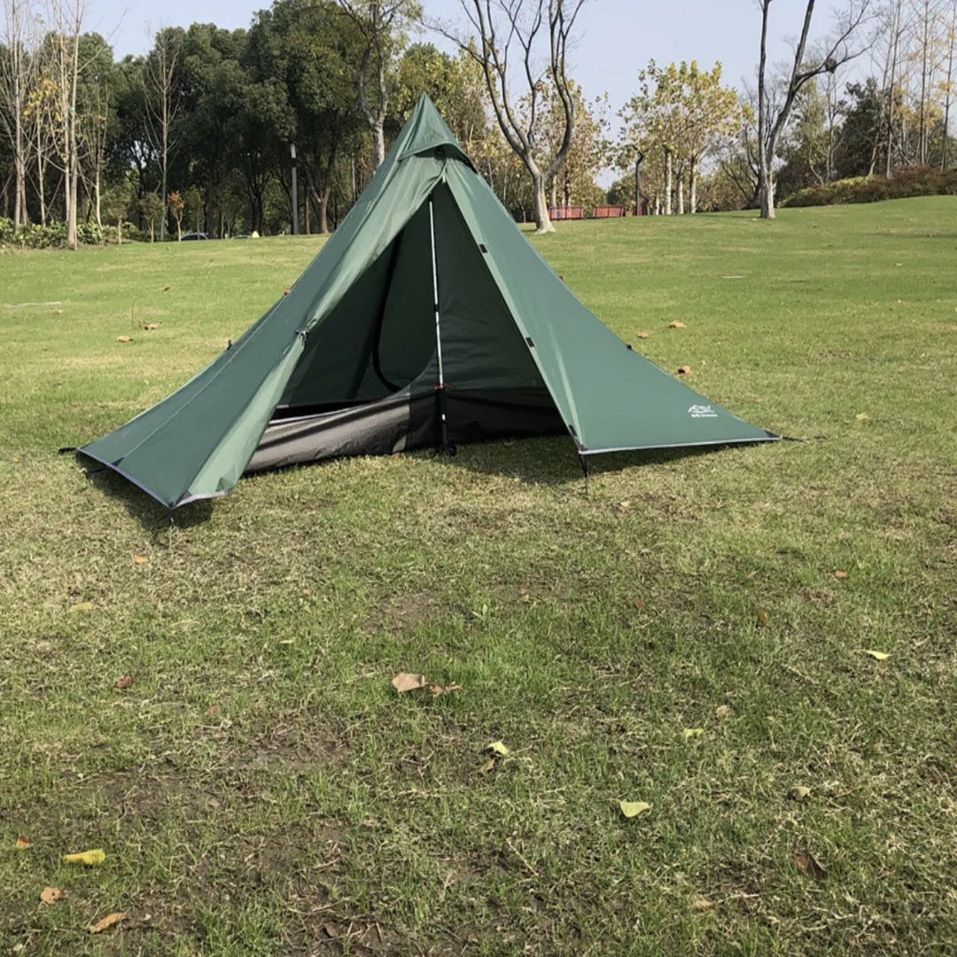 Detail shot of the ultralight pyramid tent's material, emphasizing its ripstop fabric.