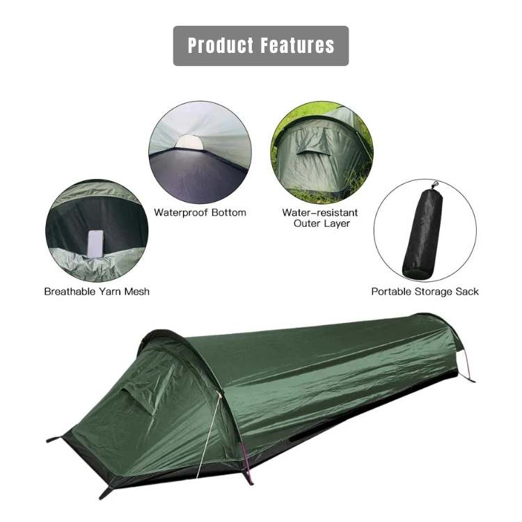 Hikers setting up a portable ultralight single person camping tent in a scenic mountain landscape
