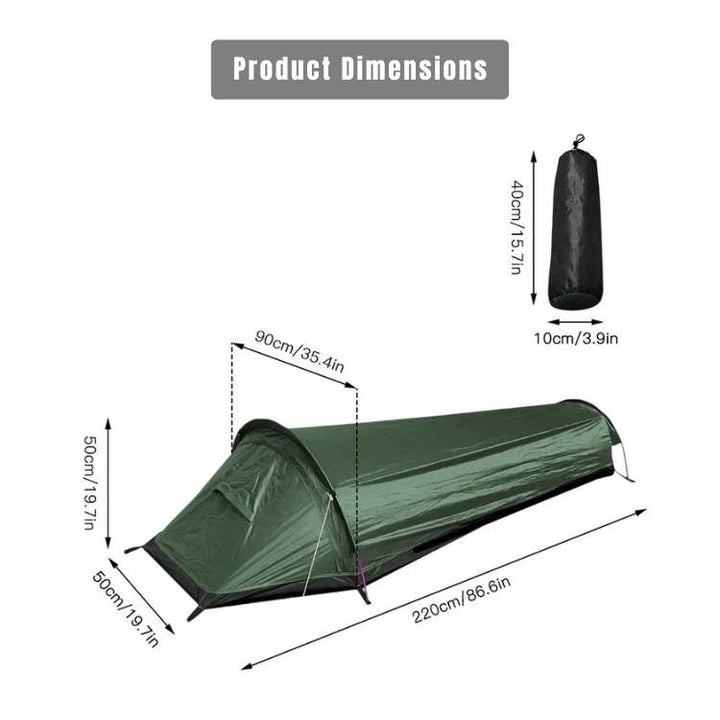 Compact ultralight single person camping tent packed beside hiking boots and backpack on a trail