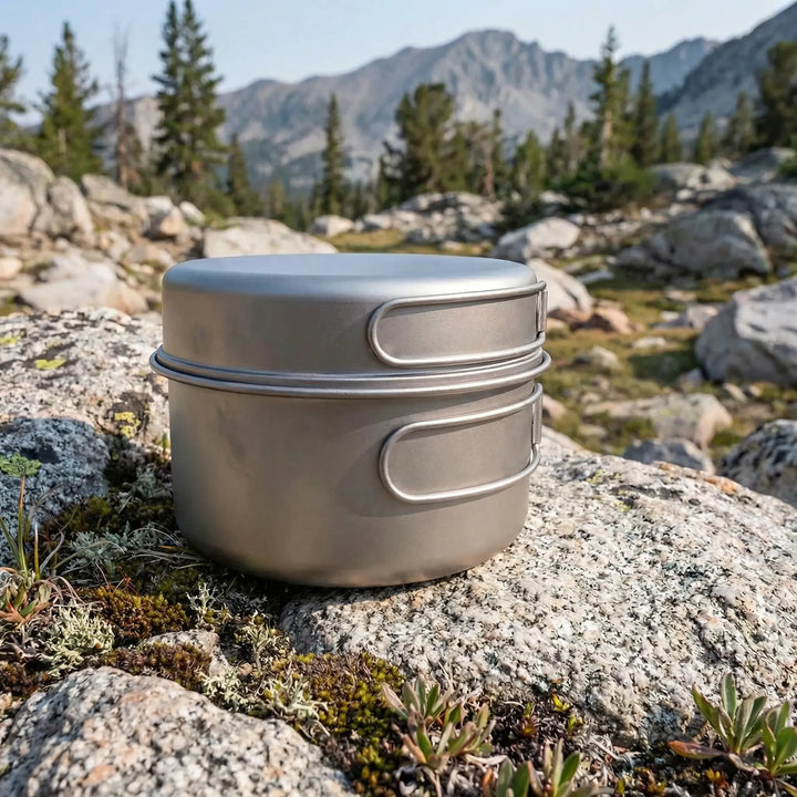 Ultralight titanium cookware set with folding handles, perfect for backpacking & camping meals.