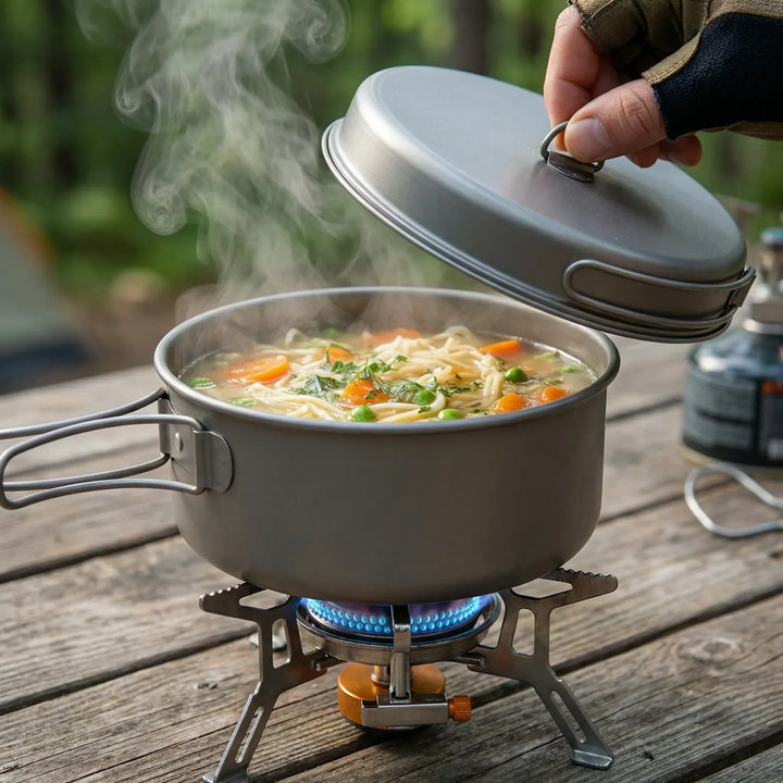 Durable, ultralight titanium camping cookware set. Compact & portable for backpacking adventures.